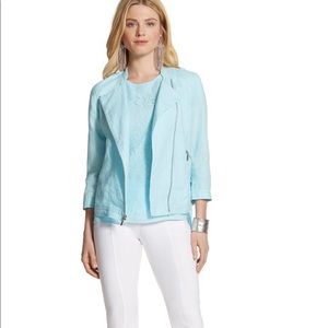 Chico’s Linen Aqua Moto Jacket with Front Zipper and 3/4 Sleeve Size 0 (S)